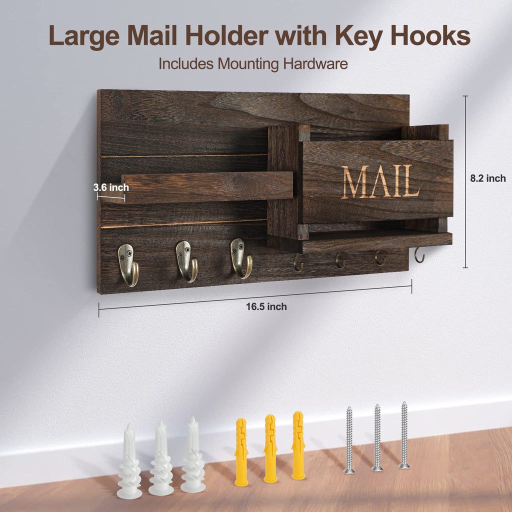 Mail Organizer for Wall Mount – Key Holder with Shelf Includes Letter Holder and Hooks for Hallway Farmhouse Decor – Rustic Wood with Flush Mounting Hardware (16.5” x 9.1” x 3.4”) (White)
