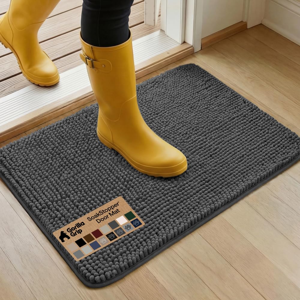 GORILLA GRIP SoakSTOPPER Dog Door Mat, Machine Washable Rug Absorbent Doormat Captures Moisture Mud Dirt, Quick Dry Soft Chenille Entryway Rugs Indoor Entrance Mats for Dog Paws, 24x17 Grey