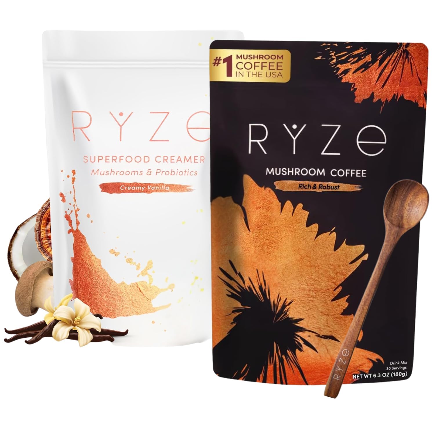 RYZE SUPERFOODS Mushroom Medium Roast Coffee Starter Kit, USDA Organic Instant Coffee with 6 Adaptogenic Mushrooms and for Energy, Focus, Digestion, Immunity with Lions Mane & Turkey Tail 60 Serving