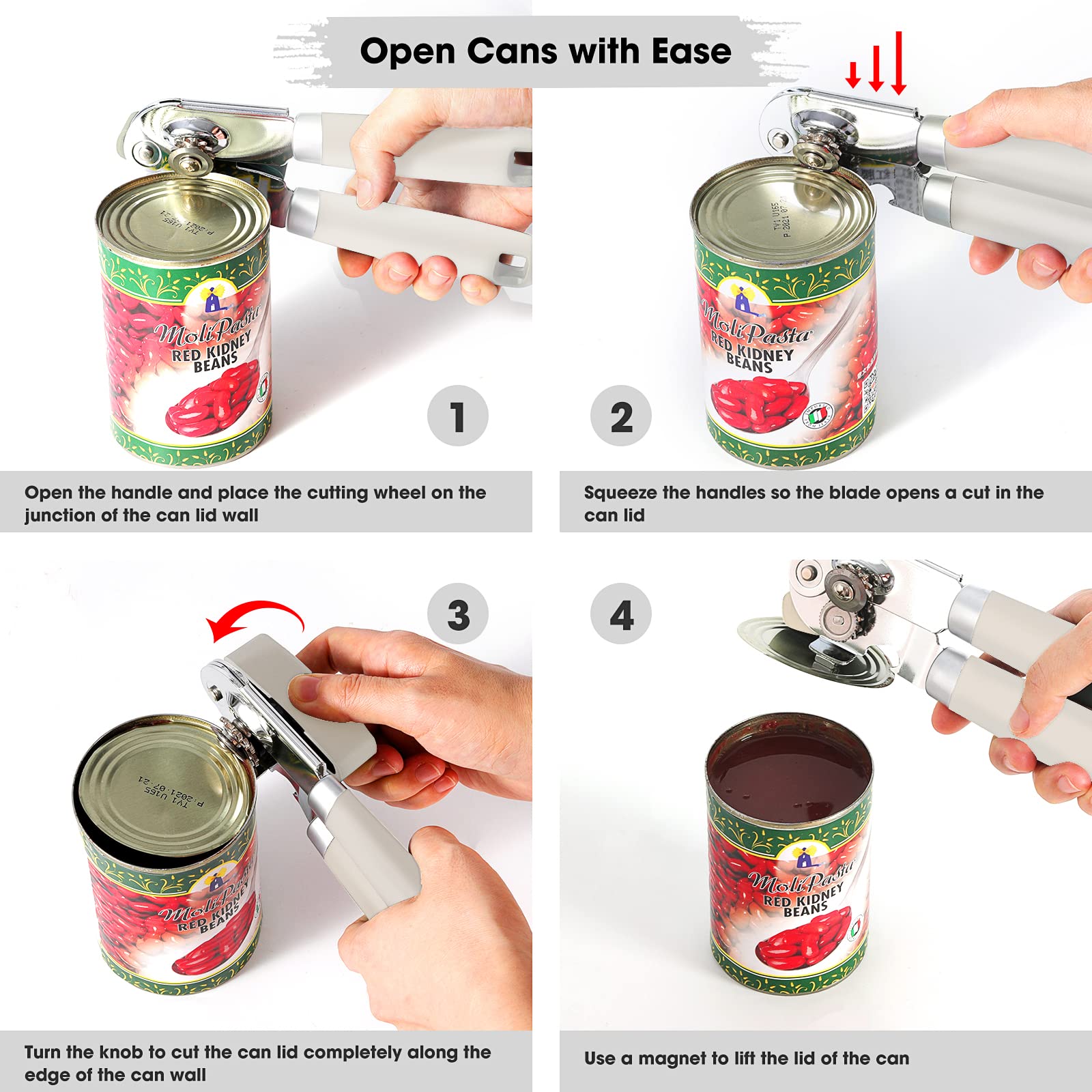 Beneno Heavy Duty Hand Can Opener Manual with Magnet, Durable Sharp Carbon Steel Blade Smooth Cutting, Big Effort-Saving Knob & Soft Grip Handle, Multifunctional Kitchen Tool with Bottle Opener, Green