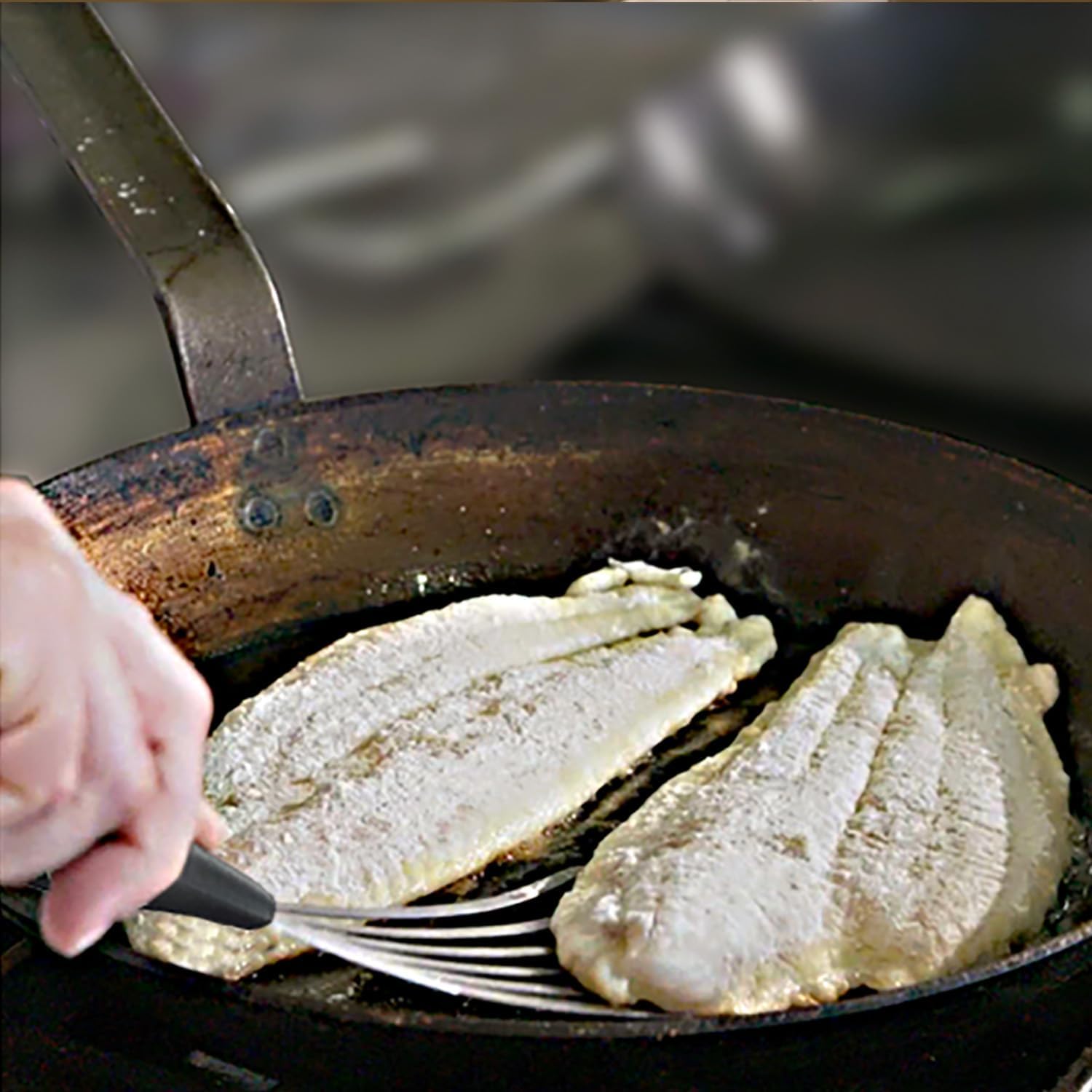 Fish Spatula with Heat Resistant Silicone Handle, Thin & Flexible Slotted Spatula, Great Cooking Utensils for Flipping/Frying/Turning, Curved Stainless Steel Blade 3" x 6", Size 11"