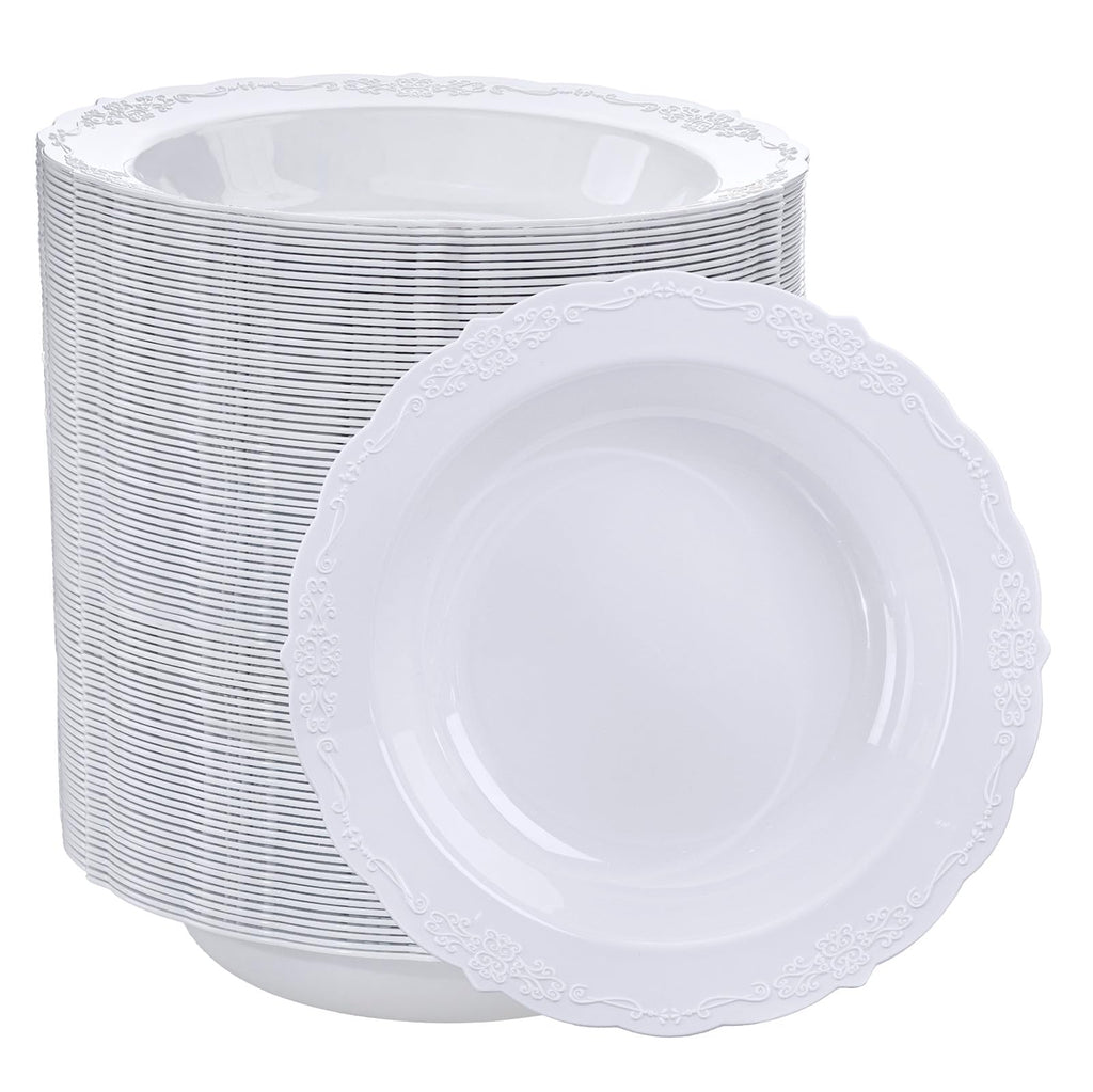 DaYammi 50 Pack White Plastic Bowls, 12oz Disposable Soup Bowls, White bowls Disposable Heavy Duty Dinner Bowls for Weddings, Salad Bowl for Parties, Dinners, Catering and Everyday Use
