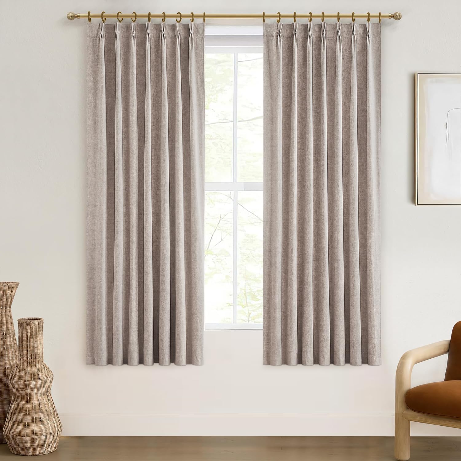 Natural Linen Pinch Pleated Blackout Curtains & Drapes 96 Inch Long Bedroom/Livingroom Farmhouse Curtains 2 Panel Sets, Neutral Track Room Darkening Thermal Insulated 8ft Back Tab Window Curtain