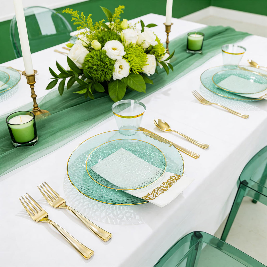 DaYammi 350PCS Clear Gold Plastic Dinnerware Set for 50 Guests, Hammered Disposable Plates for Party, Include: 50 Dinner Plates, 50 Dessert Plates, 150 Gold Silverware, 50 Napkins, 50 Cups