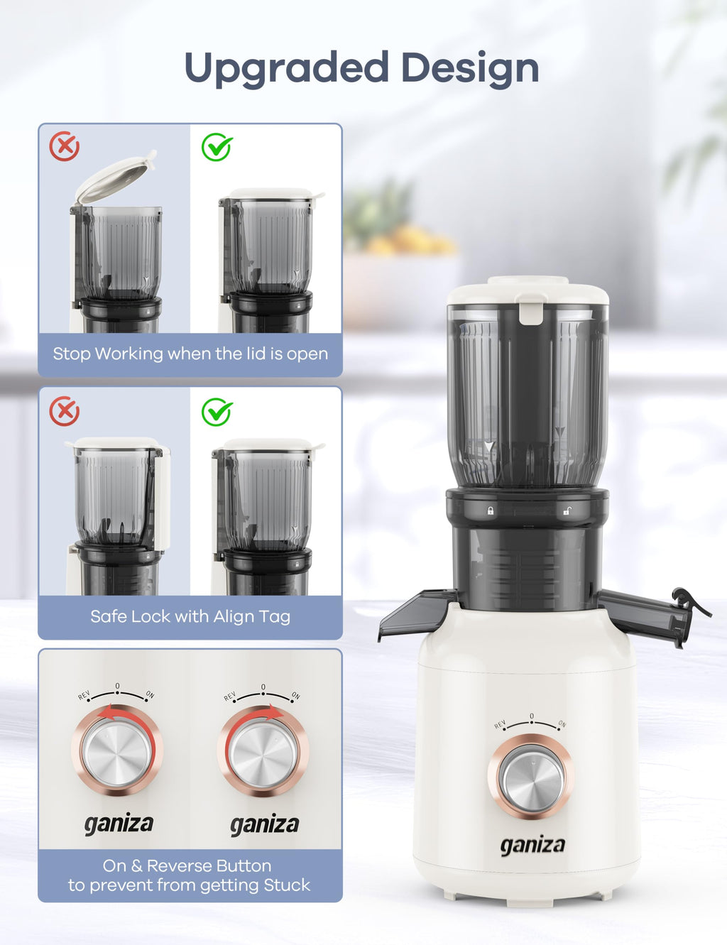Ganiza Juicer Machines, Slow Masticating Juicers with Large Feed Chute for Whole Fruits & Vegetables, Cold Press Juicer with 3 Replace Filters for Batch Juicing, Easy to Clean, BPA Free(Silver)