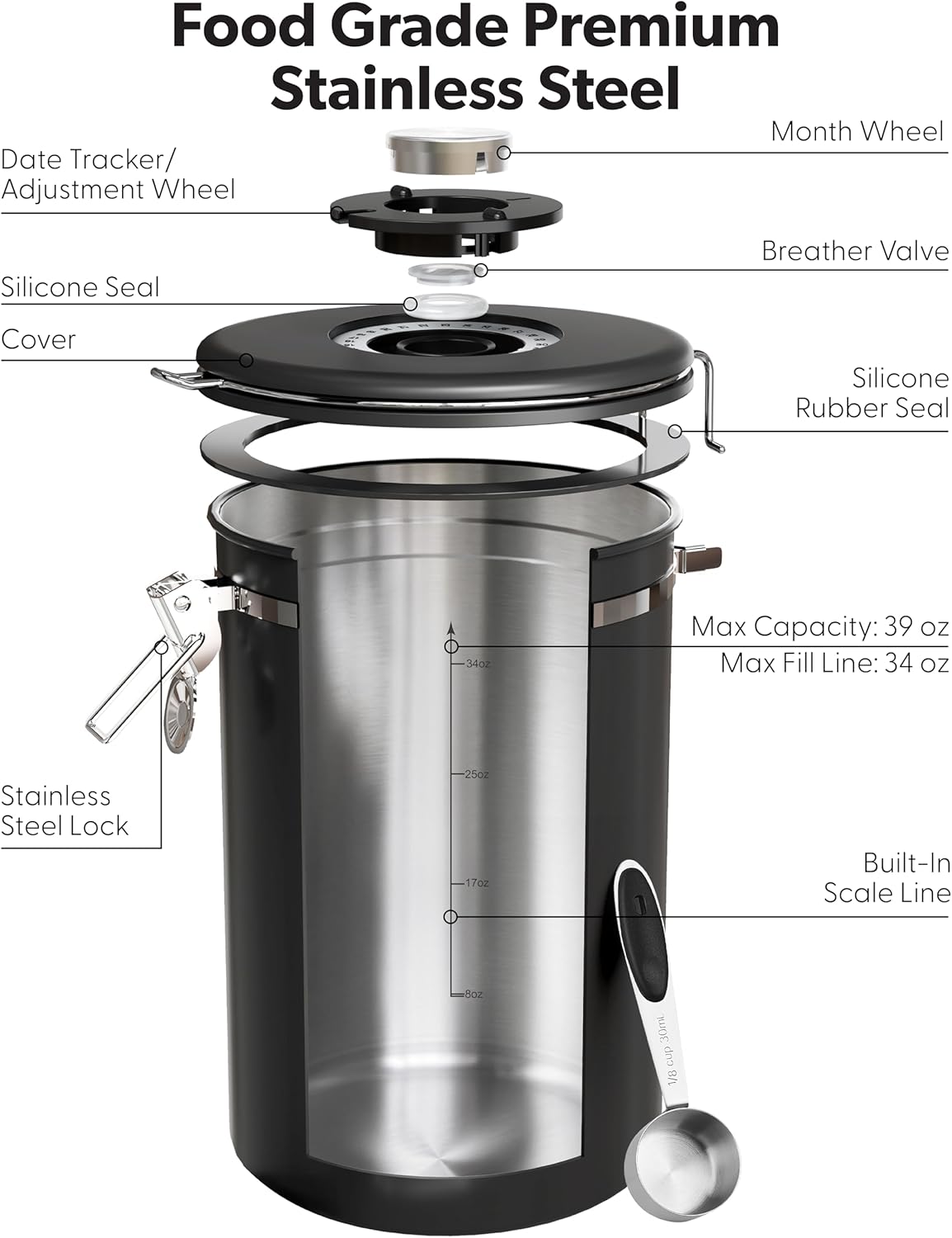 Veken Coffee Canister with Window,Airtight Stainless Steel Kitchen Food Storage Container, Date Tracker & Scoop for Grounds Coffee, Beans, Tea,Flour,Cereal,Sugar,22OZ,Copper
