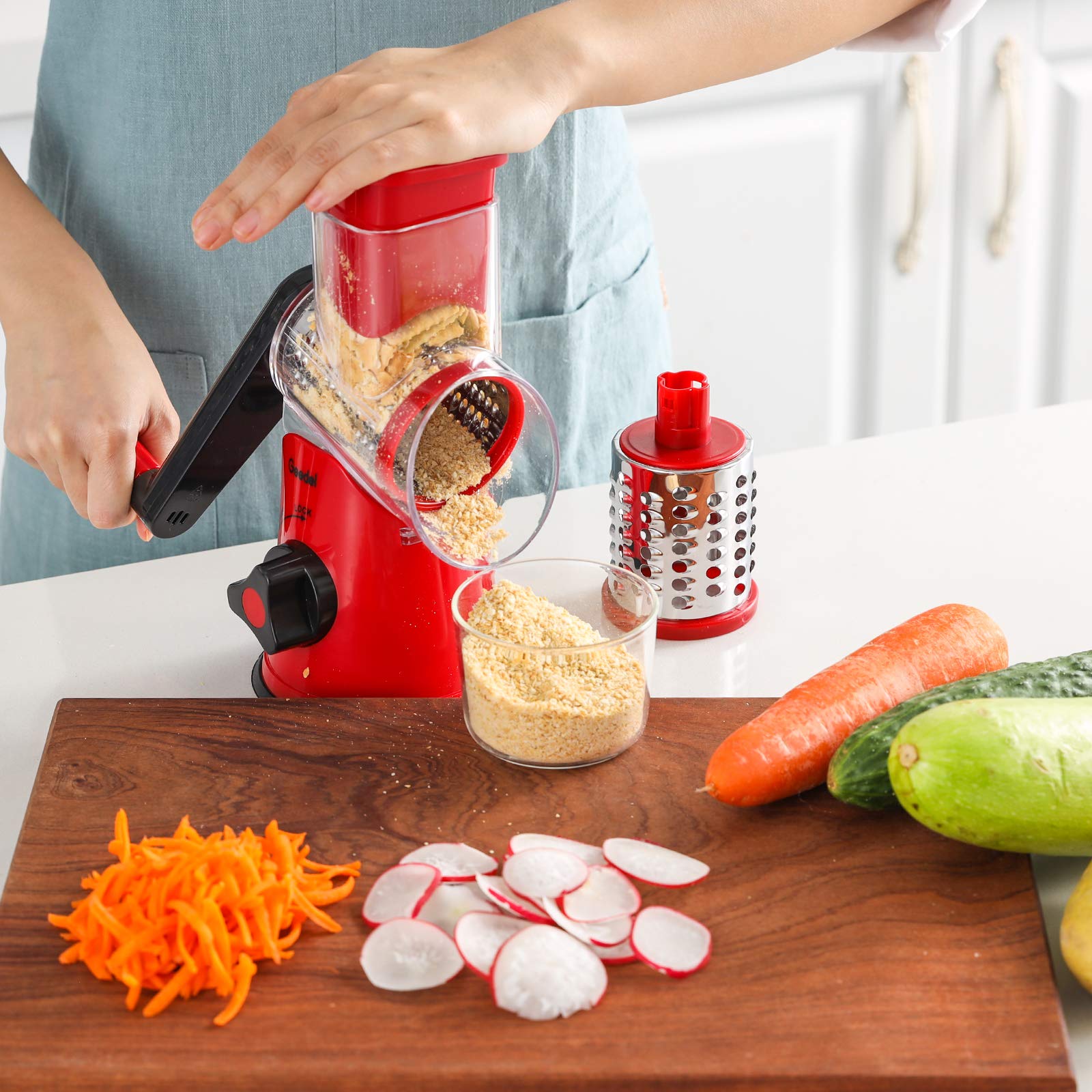 Geedel Rotary Cheese Grater, Kitchen Mandoline Vegetable Slicer with 3 Interchangeable Blades, Easy to Clean Rotary Grater Slicer for Fruit, Vegetables, Nuts