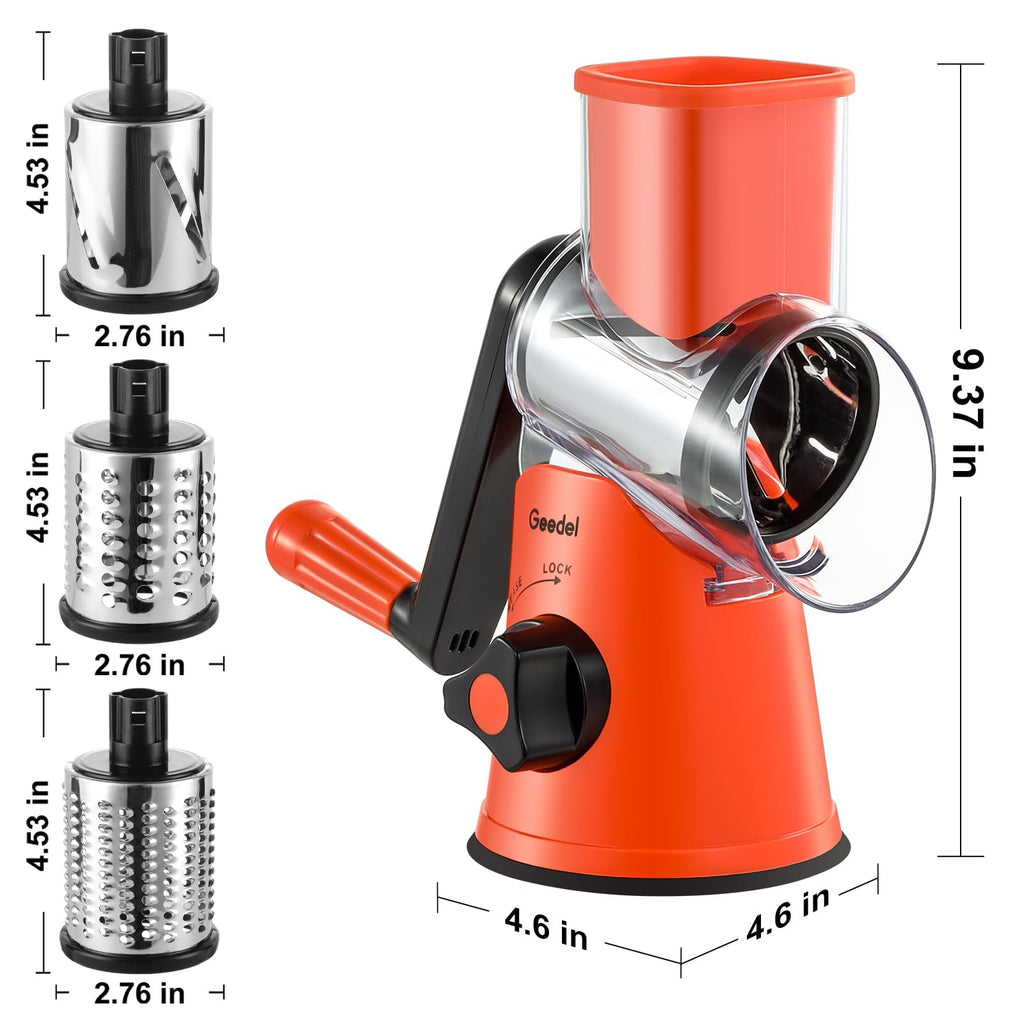 Geedel Rotary Cheese Grater, Kitchen Mandoline Vegetable Slicer with 3 Interchangeable Blades, Easy to Clean Rotary Grater Slicer for Fruit, Vegetables, Nuts