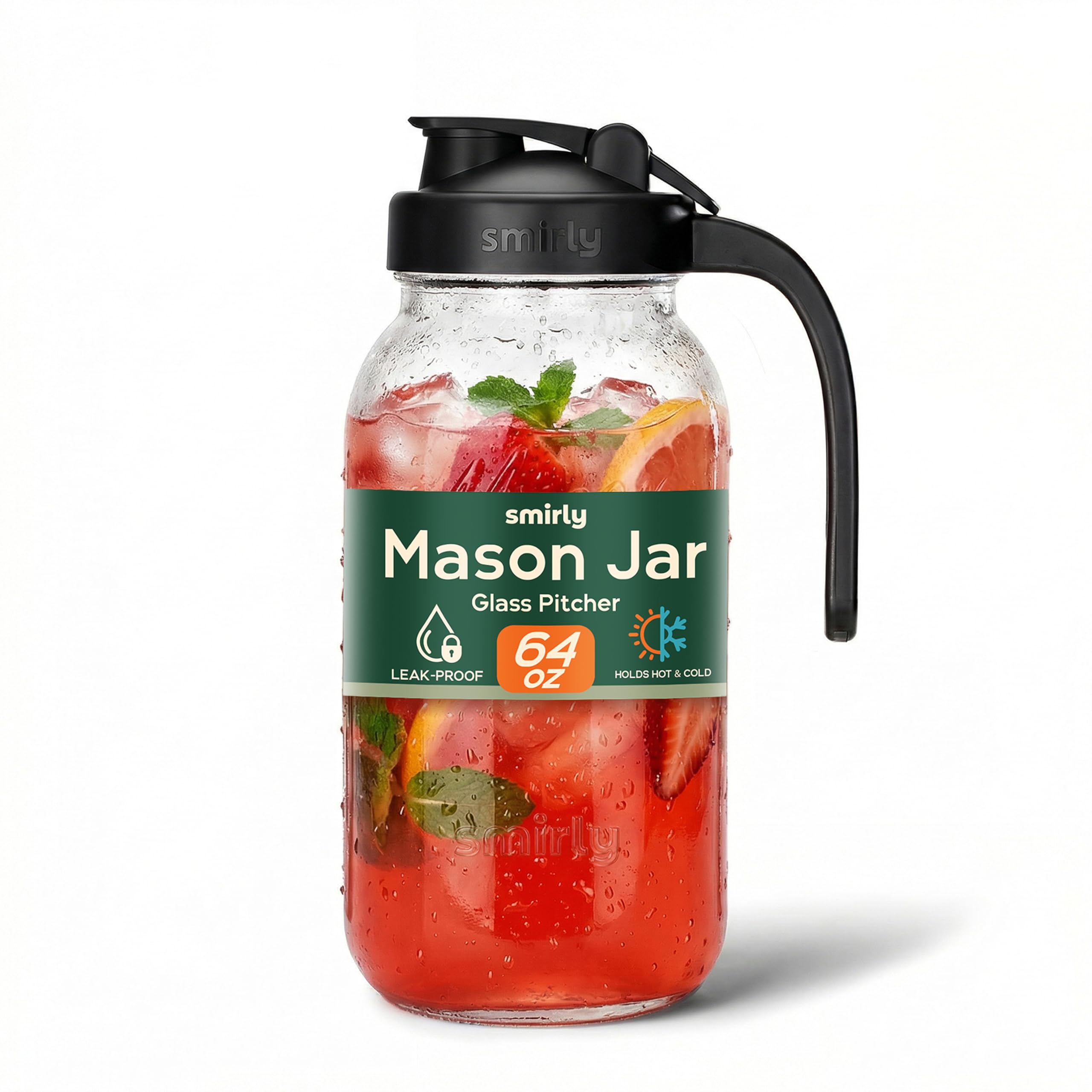 SMIRLY 64 oz Mason Jar Pitcher,Glass Pitcher with Wide Mouth,Water Jug with Double Leak Proof Lid for Iced Coffee,Hot Water,Breast Milk