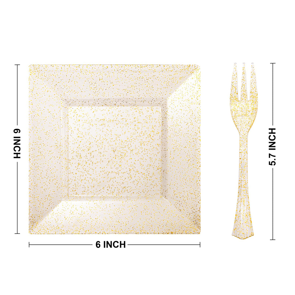 DaYammi 200Pcs Gold Dessert Plates Including 100Pcs Appetizer Plates 6",100Pcs Plastic Forks 5.7",Gold Glitter Plastic Square Plate for Party,Gold Salad Plate and Cake Forks for Party Wedding