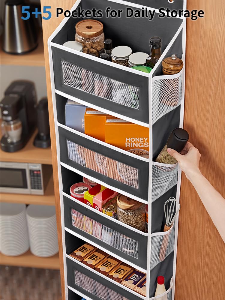 JARLINK Over The Door Organizer Storage, 5 Shelf Hanging Door Organizer with 5 Large Capacity Pockets, Anti Tilt 44 lb Load Behind Door Storage for Bedroom, Bathroom, Pantry, Nursery, (Grey)