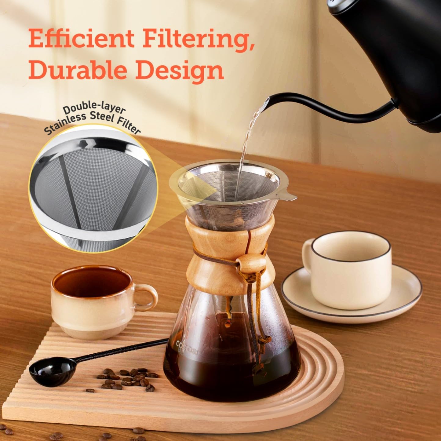 Cosori Pour Over Coffee Maker with Double Layer Stainless Steel Filter, 8-Cup, 34oz, Drip Coffee Maker, Coffee Dripper Brewer, High Heat Resistant Carafe, also for Camping, Hiking