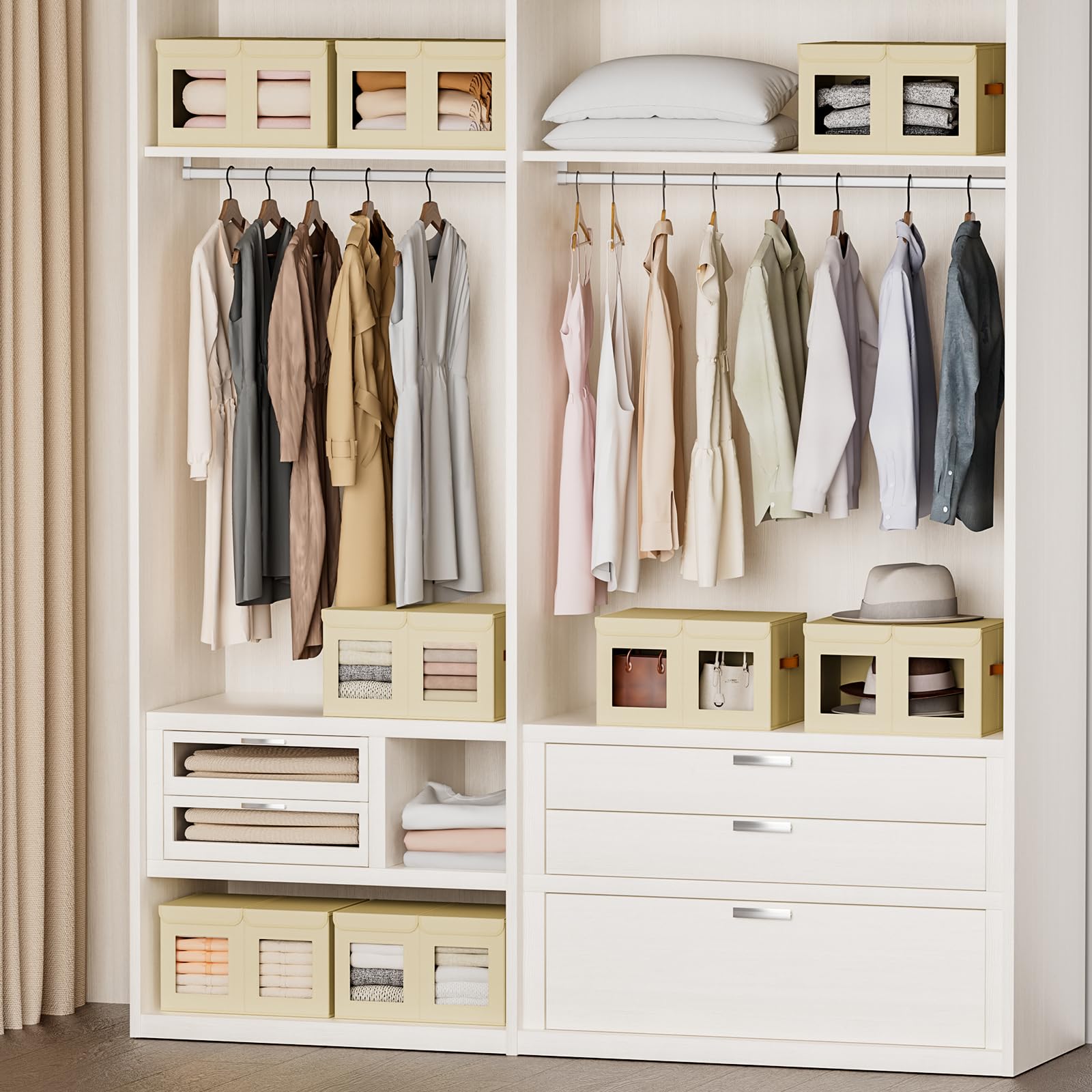 Homsorout Large Closet Storage Bins - Collapsible Divided Clothes Organizer with Lids & Dual Window, Fabric Organizing Bins for Clothes, Sweater, Bedroom, Office (Beige, 2 Pack)