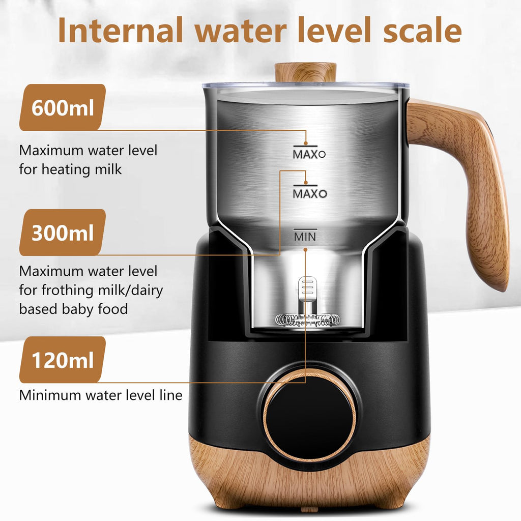 AMZCHEF 8-IN-1 Milk Frother and Steamer 21 oz, 550 Watts Split Stainless Steel Automatic Steamer, Milk's Warmer for Latte, Cappuccino, Hot Chocolate, Hot&Cold Froth, Heated Milk, Baby Food Wood&Black