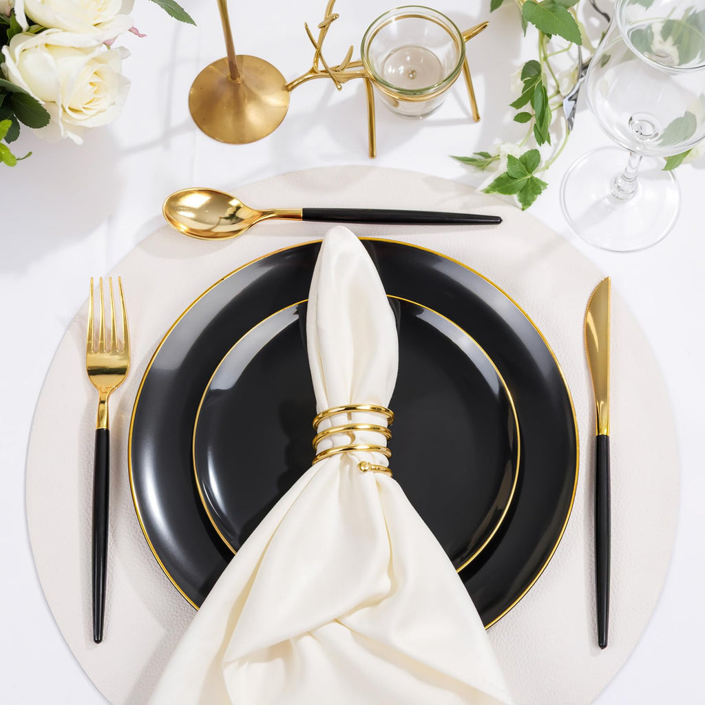 DaYammi 150Pcs Gold Plastic Plates with Disposable Silverware,White Gold Disposable Dinnerware Set - 30 Dinner Plate,30 Dessert Plate,90 Gold Cutlery with White Handles,Fancy Plates for Party Wedding
