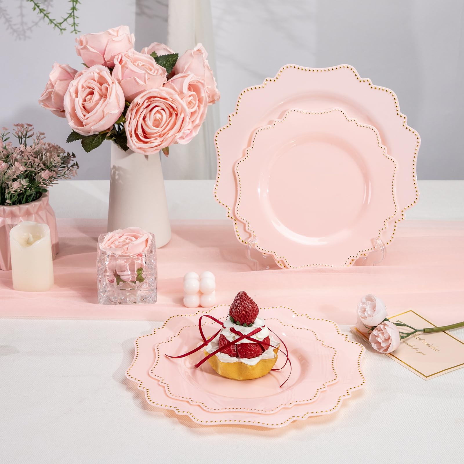 COLOSUS 60PCS White Plastic Plates for 30 guests-Fancy Plastic Beaded Plates,Plastic Plates for Party, Elegant White plates,Include 30 PCS 10.5" Dinner plates & 30PCS 8.25" Dessert plates for easter