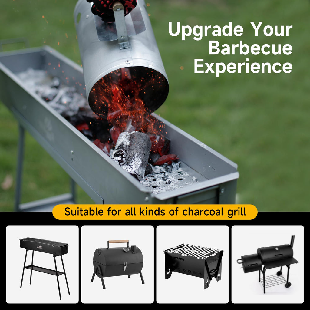 WILLBBQ Charcoal Chimney Starter Great for Fireplace, BBQ, Fire Pits, Barbecues, Chimineas, Campfires, Pizza Ovens - Zinc Steel BBQ Kit, 20 Starters, Heat Resistant Gloves Blower (Bright Black)