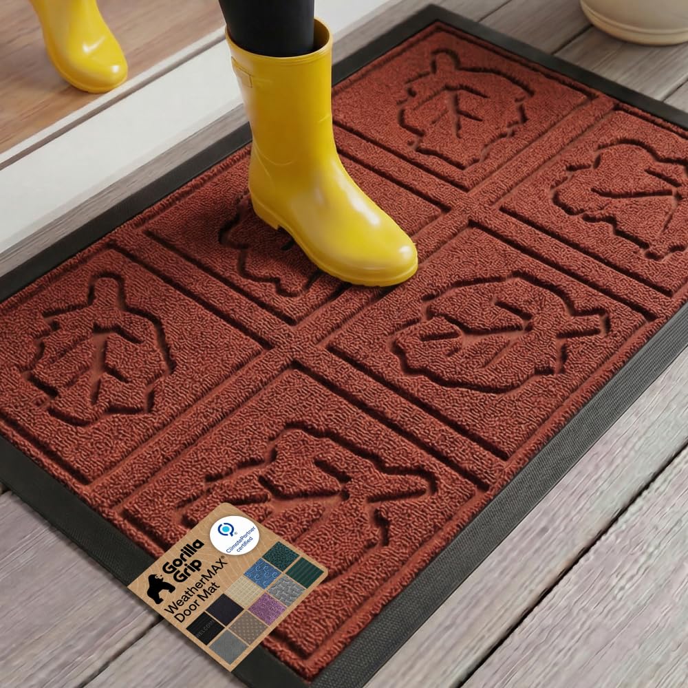 GORILLA GRIP 100% Waterproof All-Season WeatherMAX Doormat US Designed Natural Rubber, Stain Fade Resistant, Low Profile Indoor Outdoor Front Door Mats Outside Entrance, Easy Clean 29x17 Gray Diamond
