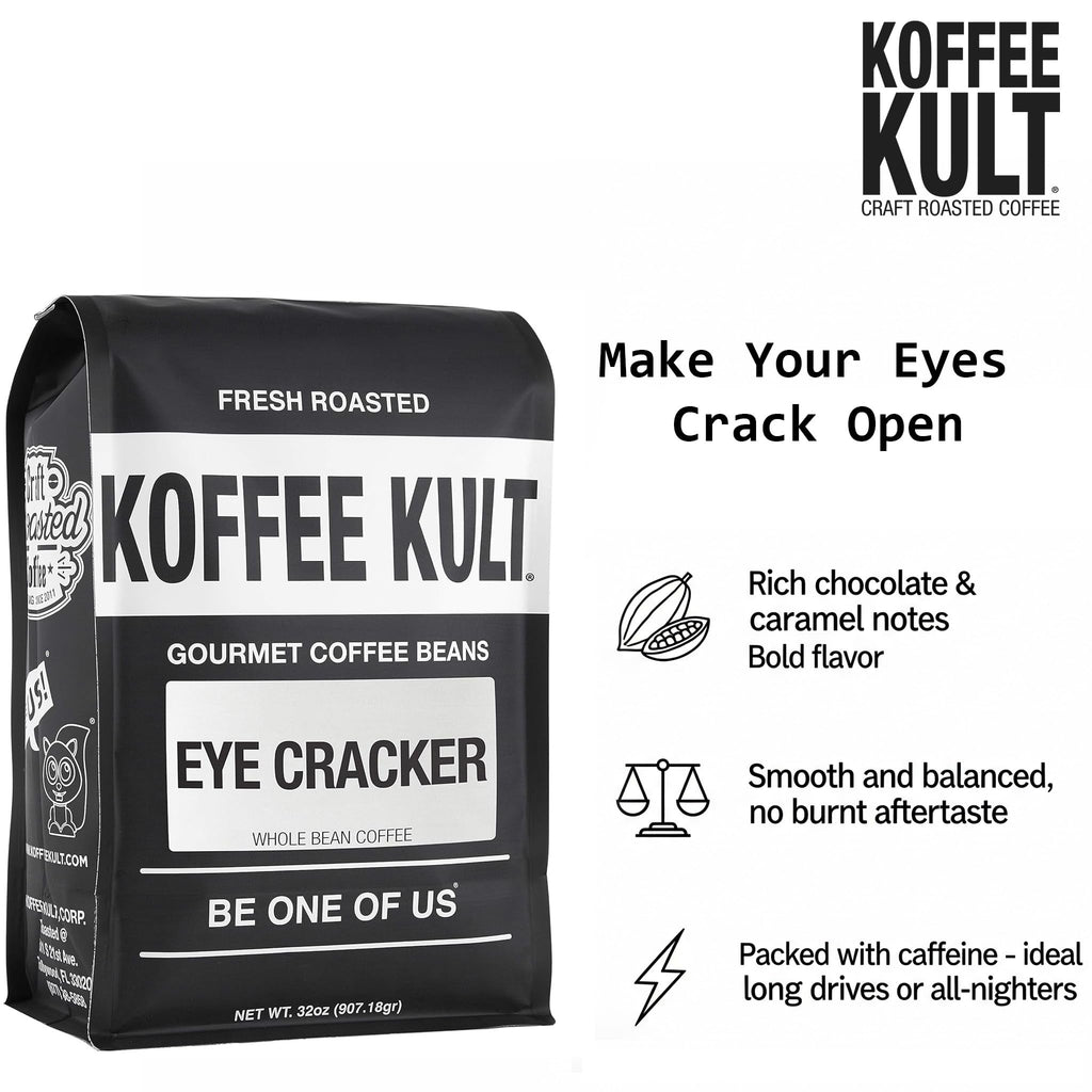 Koffee Kult Eye Cracker Espresso Coffee Beans - Bright, Bold Medium Roast with a Citrus Twist Coffee Crema - Artisan Roasted Fresh 100% Arabica Speciality Grade Coffee (Whole Bean, 32oz)