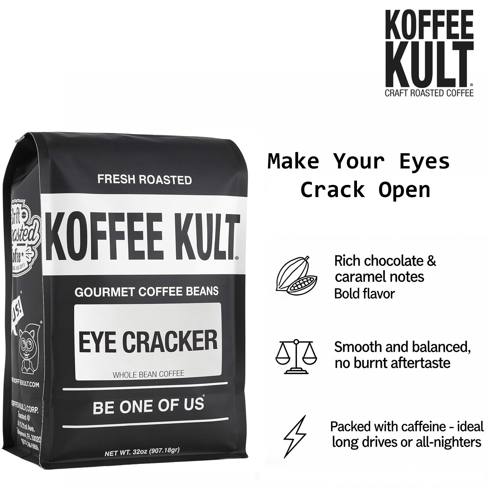 Koffee Kult Eye Cracker Espresso Coffee Beans - Bright, Bold Medium Roast with a Citrus Twist Coffee Crema - Artisan Roasted Fresh 100% Arabica Speciality Grade Coffee (Whole Bean, 32oz)