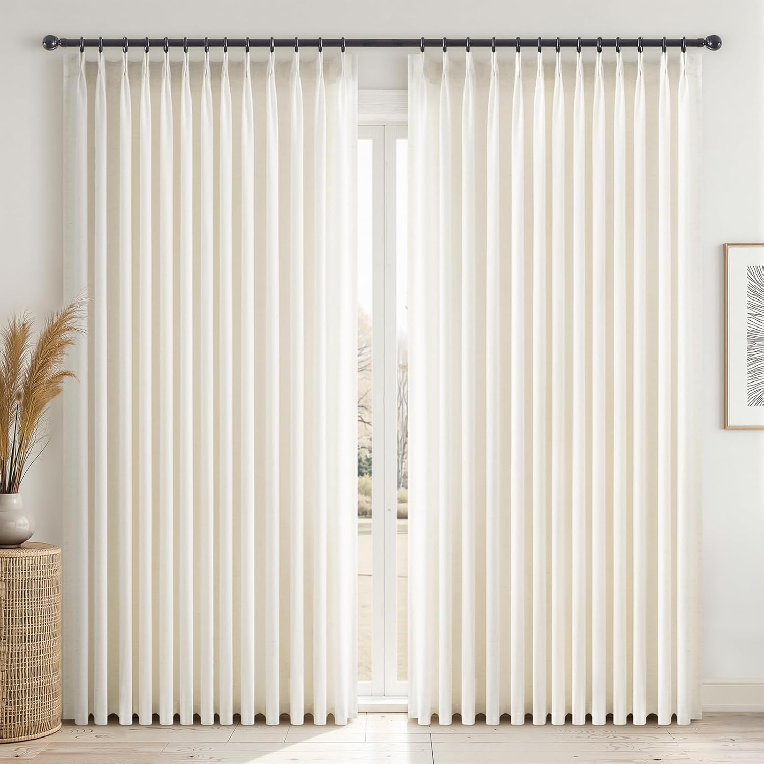96 Inches Long Pleated Sheer Curtains,Dark Linen Blended Light Filtering Window Curtains 96 Length 2 Panels for Living Room Bedroom Pinch Pleat Drapes with Hooks 2 Panels 40" Wx96 L,Light Brown