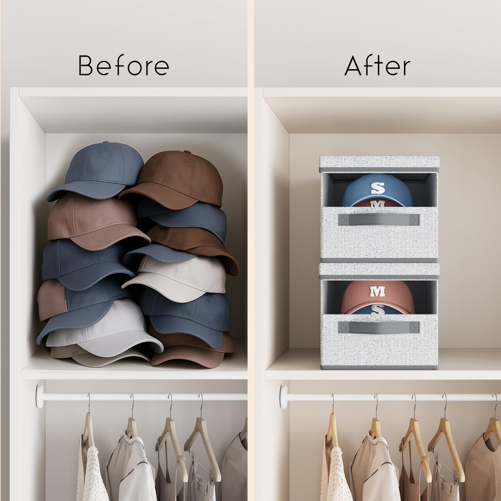 Homsorout Hat Organizer for Baseball Caps - 3 Pack Stackable Foldable Protective Lids Hat Storage Box with Clear Window Baseball cap organizer for Closet, Bedroom, Rv, Grey