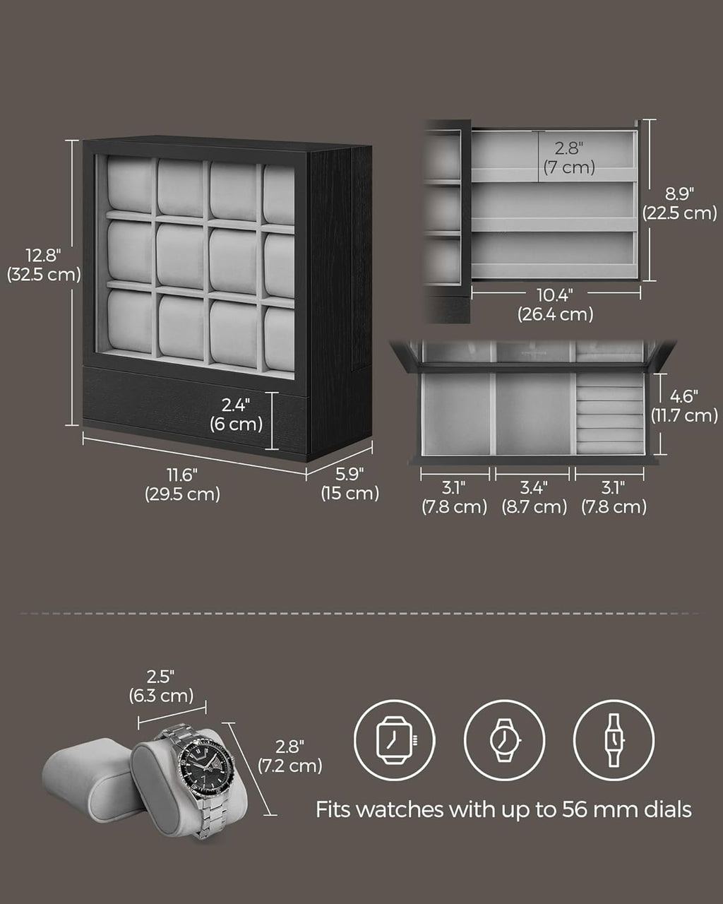 SONGMICS 12-Slot Watch Box, Watch Display Case with Window, Solid Wood Veneer, Velvet Lining, Vertical Storage, Space Saving, Gift Idea, Ebony Black UJOW014B01