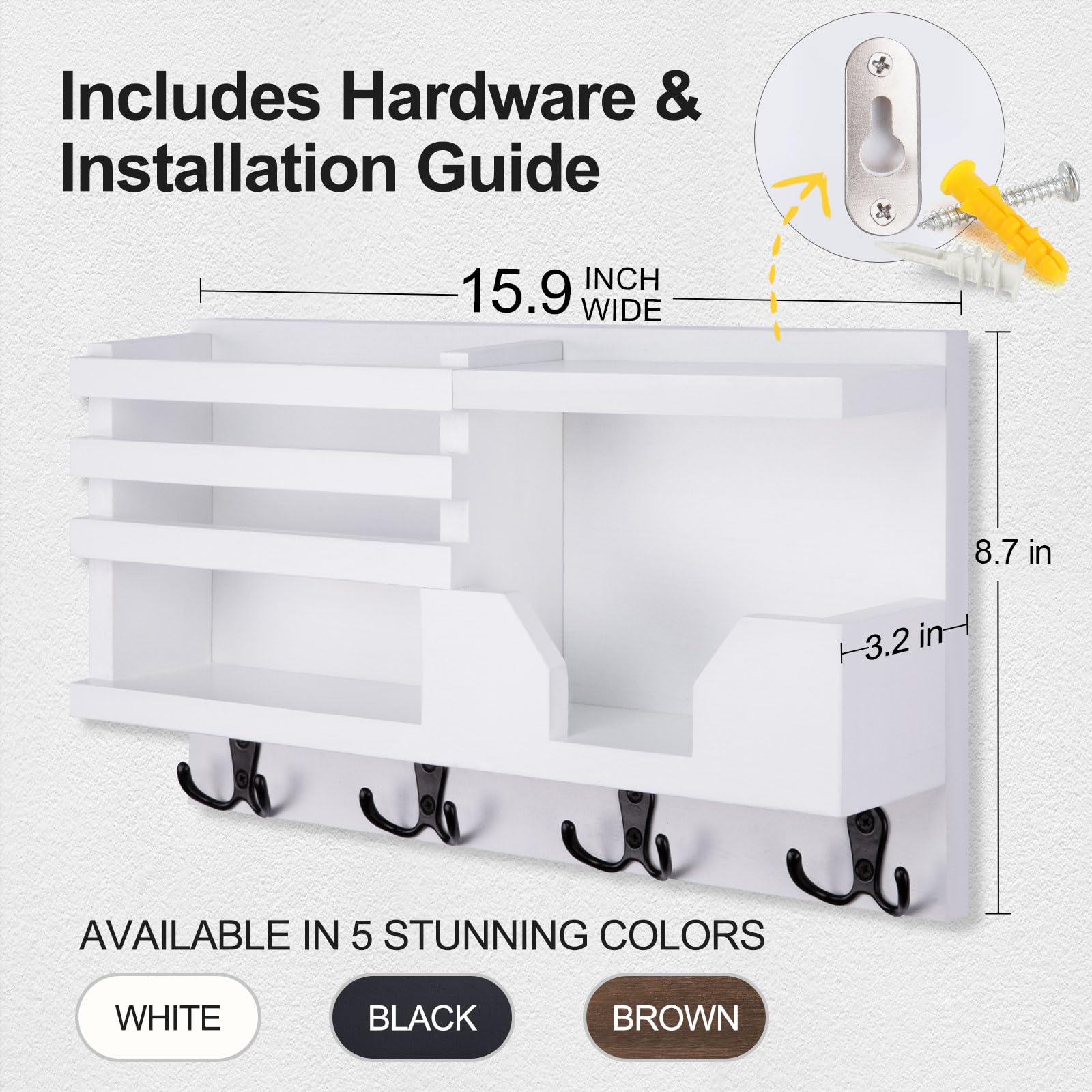 Mail and Key Holder for Wall – Decorative 15.9” x 8.7” x 3.2” Entryway Organizer with Shelf – Paulownia Wood with 4 Dual Hooks Includes Mounting Hardware and Installation Guide