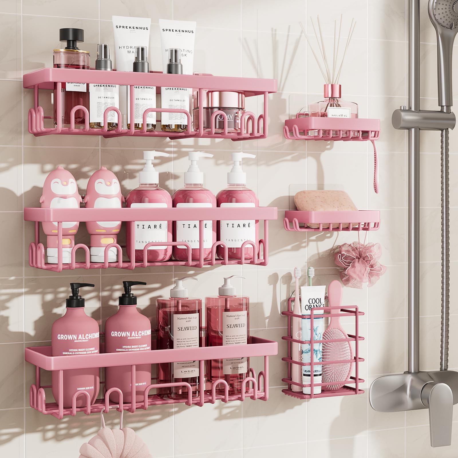Veken Shower Caddy 6-Pack, Advanced Rustproof Design, No Drilling Adhesive Shelves, Rack with Soap Holder, Large Capacity Bathroom Organizers and Storage, Wall-Mounted Kitchen & Home Decor