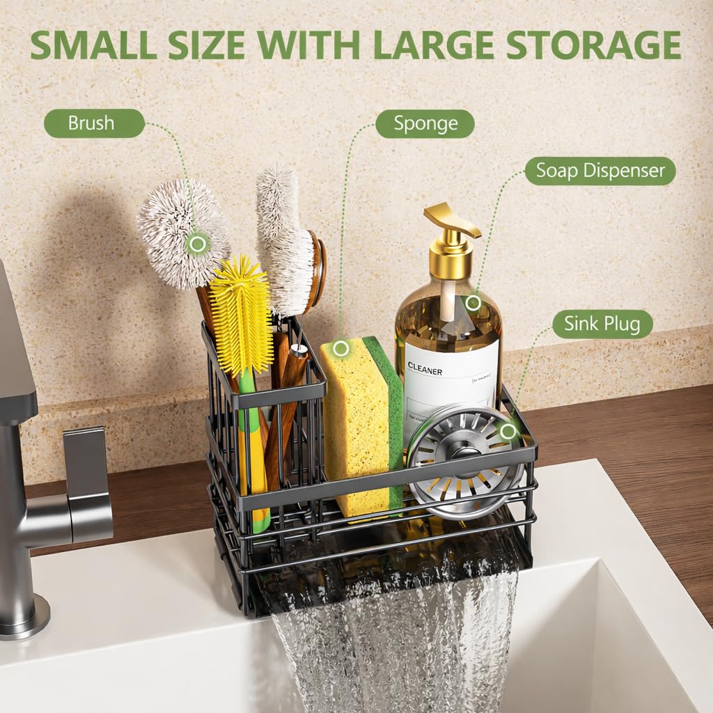 Cisily Sink Caddy Sponge Holder for Kitchen with Brush Holder and Stainless Steel Self Drain Tray, Rustproof Kitchen Sink Organizer for Sponge, Soap Dispenser Storage Accessories (Black)