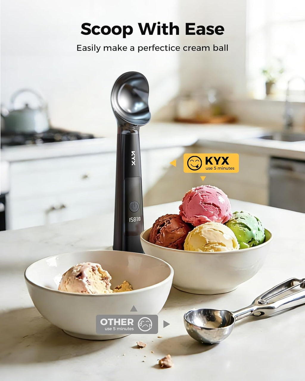 KYX Heated Ice Cream Scoop, Electric Ice Cream Scoop with 3 Temperature Settings, 3200mAh Battery, ON/OFF and LED Display, Ideal for Scooping Hard Ice Cream, Gelato & Frozen Desserts