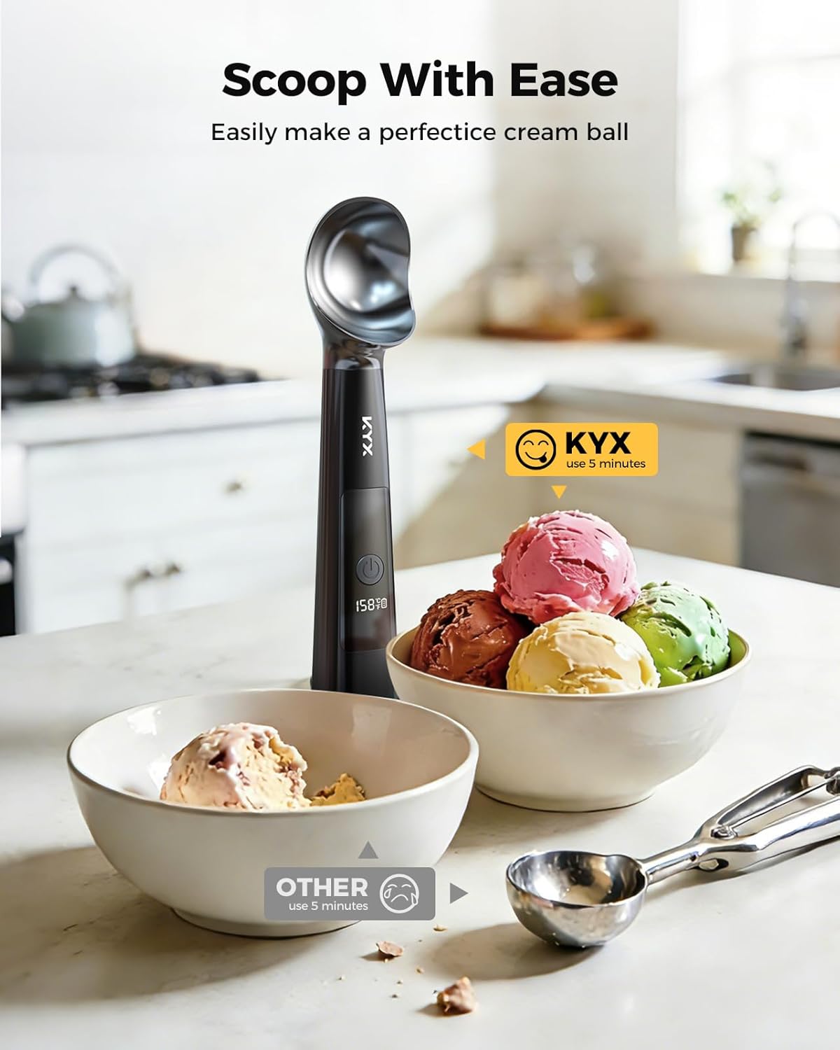 KYX Heated Ice Cream Scoop, Electric Ice Cream Scoop with 3 Temperature Settings, 3200mAh Battery, ON/OFF and LED Display, Ideal for Scooping Hard Ice Cream, Gelato & Frozen Desserts
