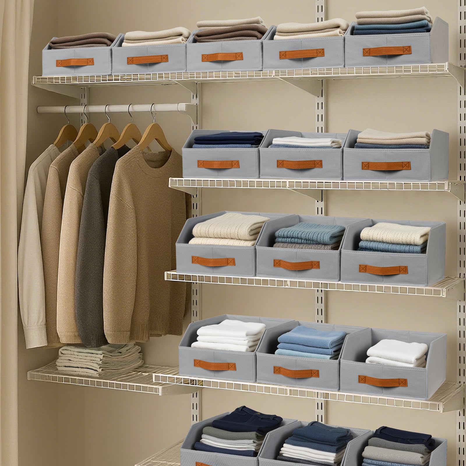 Homsorout Fabric Storage Bins for Organizing - 6 Pack Large Trapezoid Collapsible Storage Bins with Front Handle, Closet Organizers and Storage for Bedroom, Home Shelves, Small Spaces, Beige