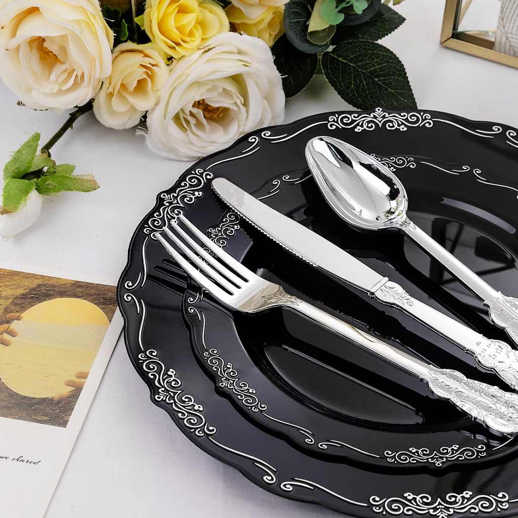 DaYammi 150Pcs Ivory Plastic Plates with Gold Rim,Disposable Plastic Plates Include 30 Dinner Plate,30 Salad Plate,30 Forks,30 Spoons,30 Knives,Ivory and Gold Plates for Party,Wedding,Mother's Day
