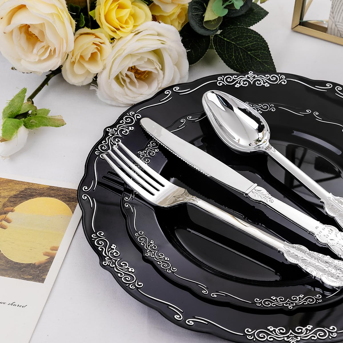 DaYammi 150Pcs Ivory Plastic Plates with Gold Rim,Disposable Plastic Plates Include 30 Dinner Plate,30 Salad Plate,30 Forks,30 Spoons,30 Knives,Ivory and Gold Plates for Party,Wedding,Mother's Day