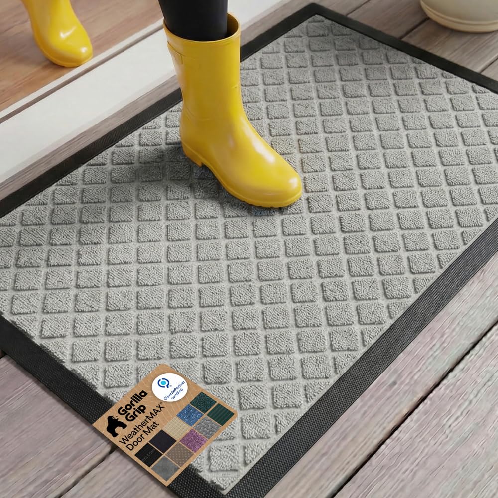 GORILLA GRIP 100% Waterproof All-Season WeatherMAX Doormat US Designed Natural Rubber, Stain Fade Resistant, Low Profile Indoor Outdoor Front Door Mats Outside Entrance, Easy Clean 29x17 Gray Diamond