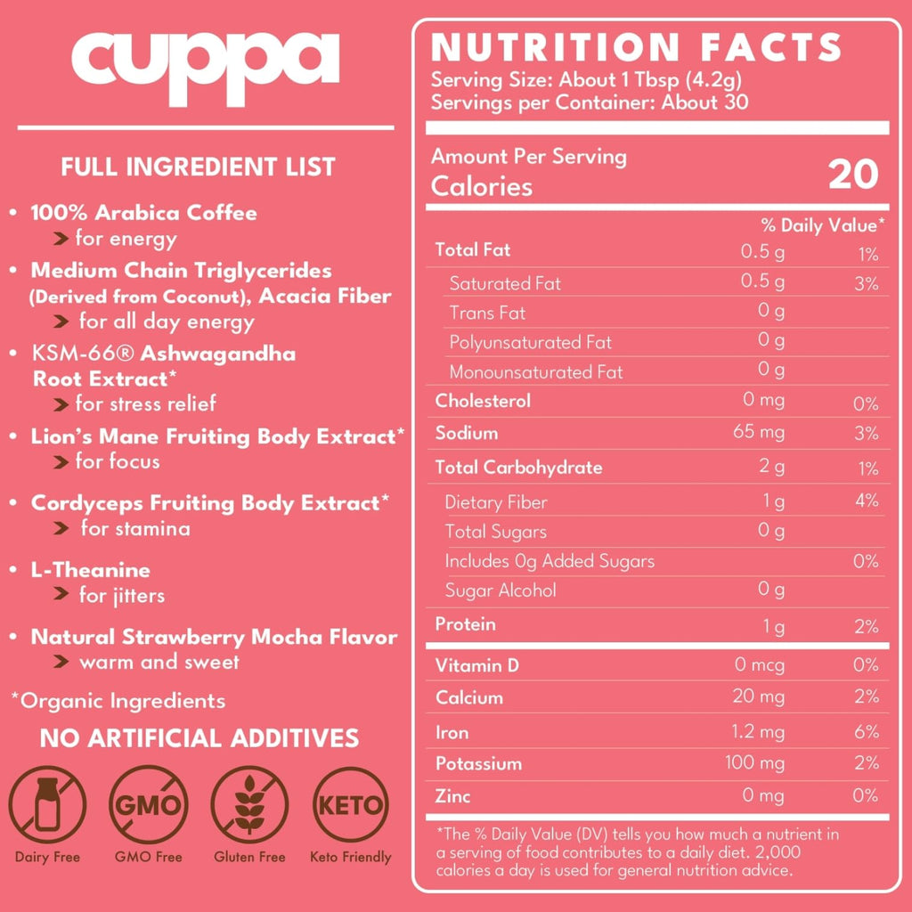 Cuppa Medium Roast Mushroom Coffee with Adaptogens & Superfoods - Lion’s Mane, Ashwagandha & Cordyceps. Adaptogens + MCT to support natural energy, mental focus & gut health (30 Servings)