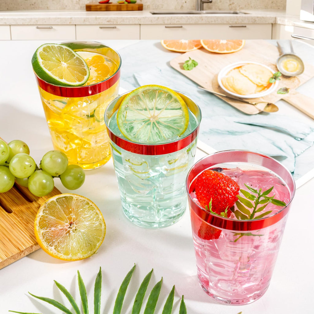 DaYammi 200 Pack Gold Plastic Cups 10 Oz Clear Cup Gold Rimmed Disposable Wine Glasses Fancy Disposable Party Cups Tumblers Drinking Cup Plastic Cocktail Glasses gold disposable cups for Party Wedding