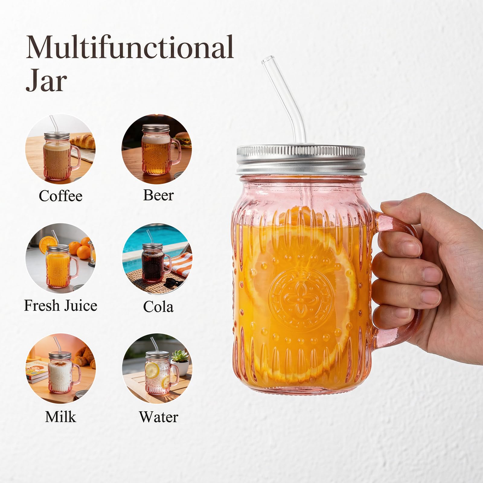 DaYammi Mason Jars with Lids and Straws, 6 Pack 16 Oz Glass Cups for Cold Beverages, Juice, Smoothies, Iced Coffee, Cocktails Leak-Proof Drinking Glasses with Sealed & Straw Lids, Colorful