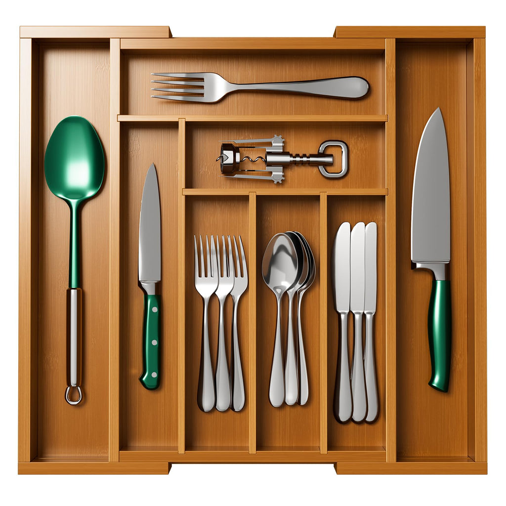 Pipishell Bamboo Expandable Silverware Drawer Organizer, Adjustable Kitchen Utensil Tray for Forks, Spoons and Knives, Wood Storage Cutlery Holder for Bedroom and Living Room