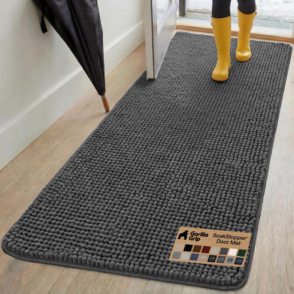 GORILLA GRIP SoakSTOPPER Dog Door Mat, Machine Washable Rug Absorbent Doormat Captures Moisture Mud Dirt, Quick Dry Soft Chenille Entryway Rugs Indoor Entrance Mats for Dog Paws, 24x17 Grey