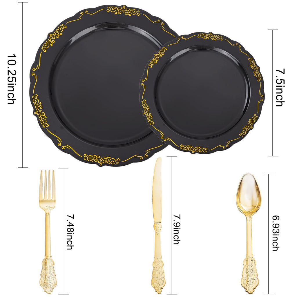 DaYammi 150Pcs Ivory Plastic Plates with Gold Rim,Disposable Plastic Plates Include 30 Dinner Plate,30 Salad Plate,30 Forks,30 Spoons,30 Knives,Ivory and Gold Plates for Party,Wedding,Mother's Day