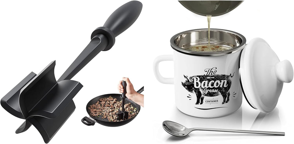 Black Meat Chopper and 15OZ Mini White Bacon Grease Container