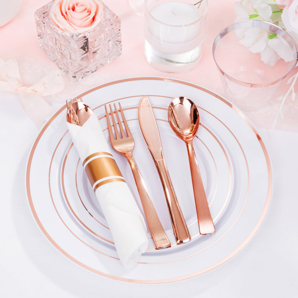 DaYammi 350PCS Gold Plastic Dinnerware Set for 50 Guests, Fancy Disposable Plates for Party, Include: 50 Dinner Plates, 50 Dessert Plates, 50 Pre Rolled Napkins with Gold Silverware, 50 Cups