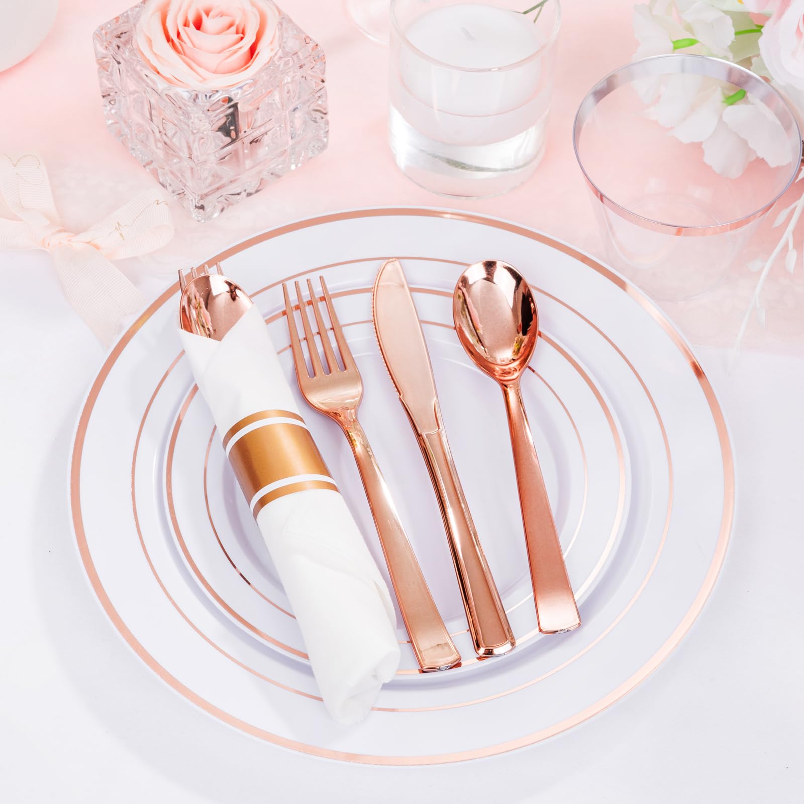 DaYammi 350PCS Gold Plastic Dinnerware Set for 50 Guests, Fancy Disposable Plates for Party, Include: 50 Dinner Plates, 50 Dessert Plates, 50 Pre Rolled Napkins with Gold Silverware, 50 Cups