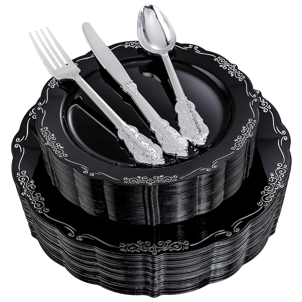 DaYammi 150Pcs Ivory Plastic Plates with Gold Rim,Disposable Plastic Plates Include 30 Dinner Plate,30 Salad Plate,30 Forks,30 Spoons,30 Knives,Ivory and Gold Plates for Party,Wedding,Mother's Day
