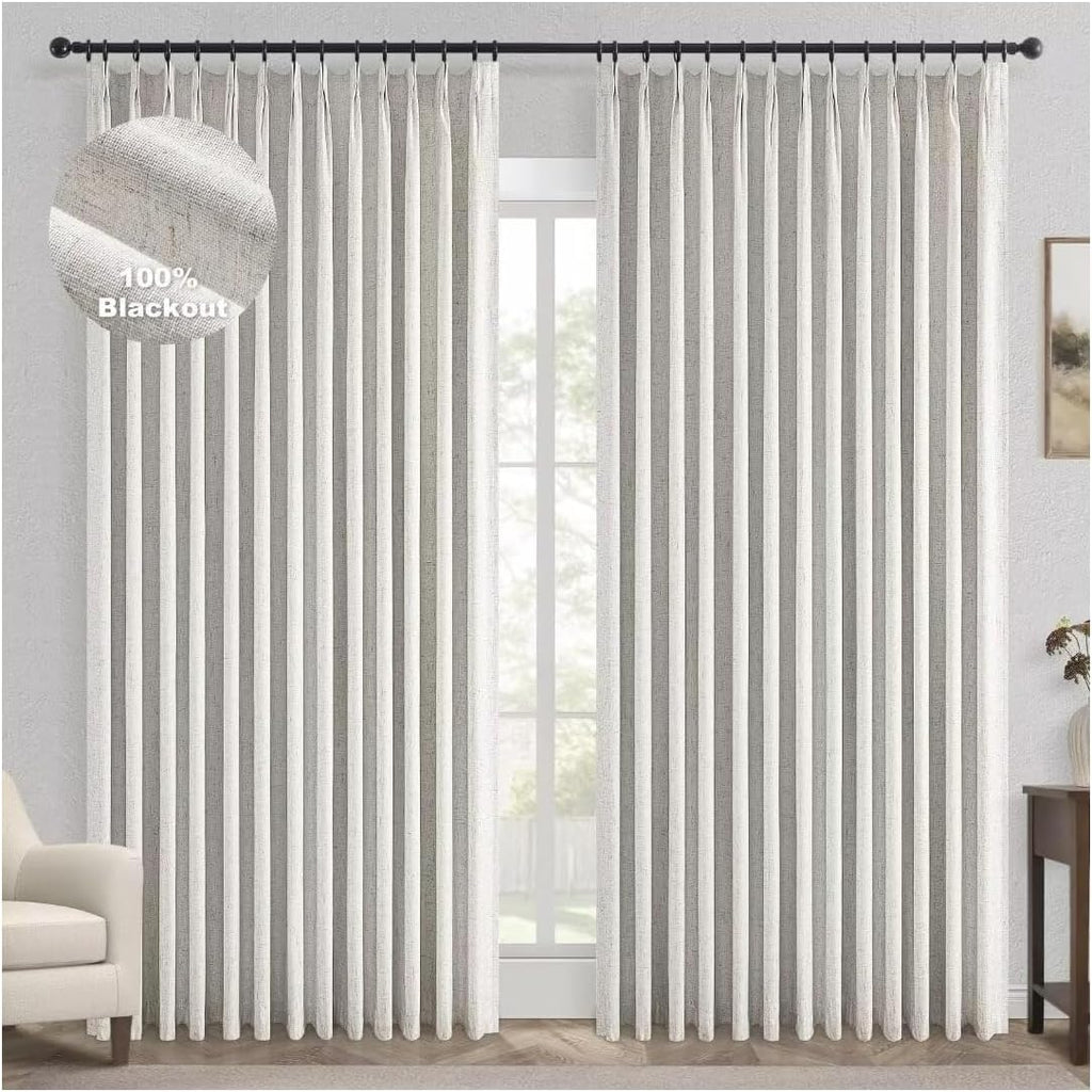 Topfinel Extral Wide Curtains, Pinch Pleated 100% Blackout Linen Luxury Drapery with Hooks for Patio Sliding Door Large Window Living Room Track System, 72" Wx102 L 2 Panel