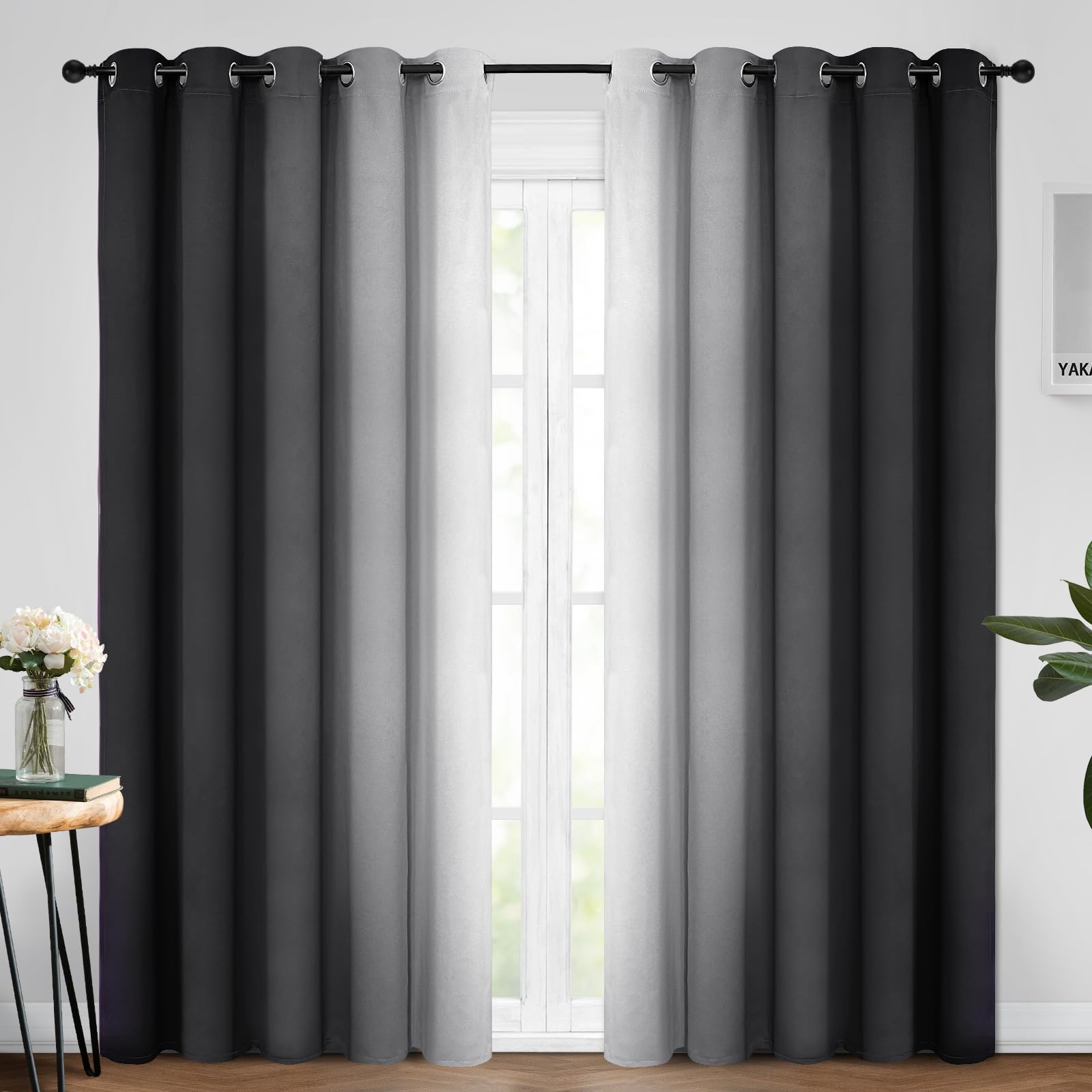 Yakamok Blue and Greyish White Ombre Curtains, Room Darkening Gradient Color Curtains for Bedroom, Light Blocking Thermal Insulated Window Drapes for Living Room(2 Panels, 52x84 Inch)