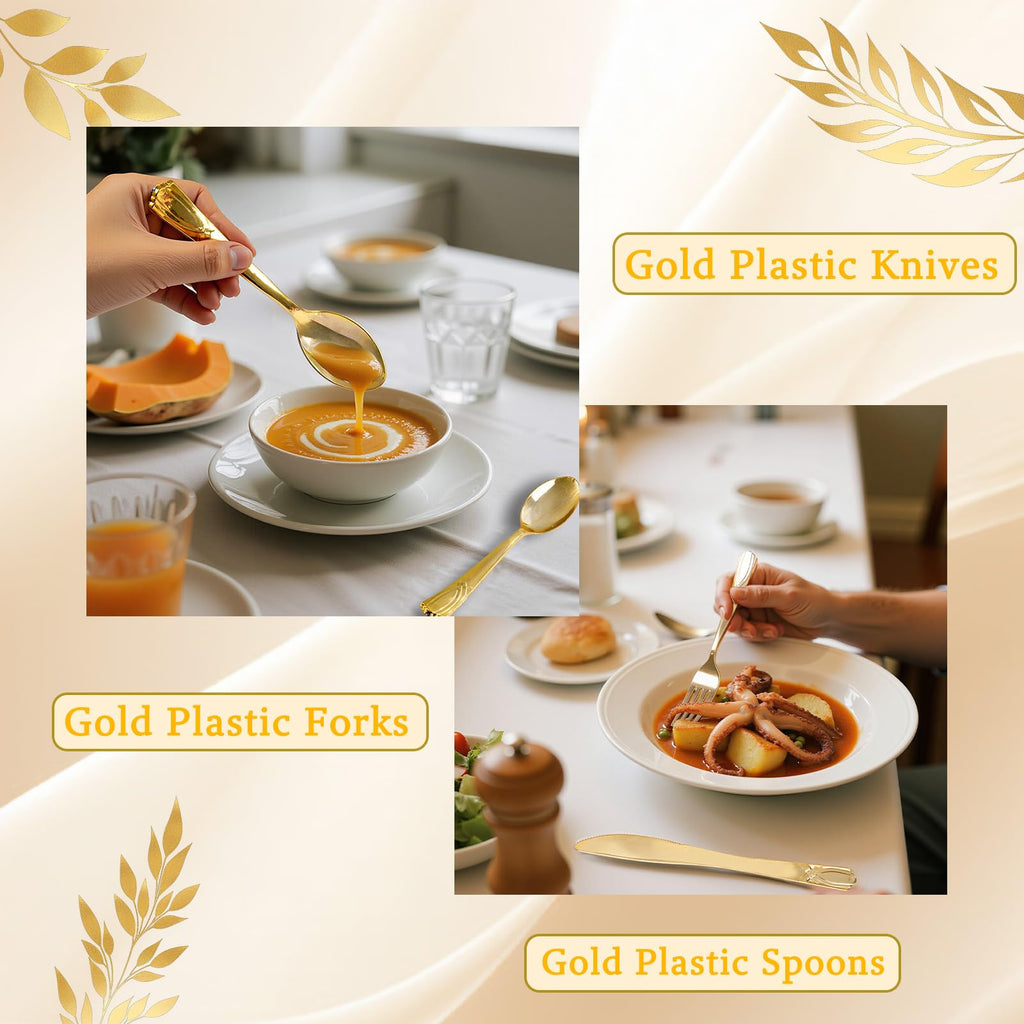 DaYammi 100Pcs Gold Plastic Spoons, Disposable Silverware, plastic Cutlery Heavy Duty Disposable Flatware Dinnerware Perfect for Dinner Parties, Gold disposable Spoons for Party Wedding Dinner