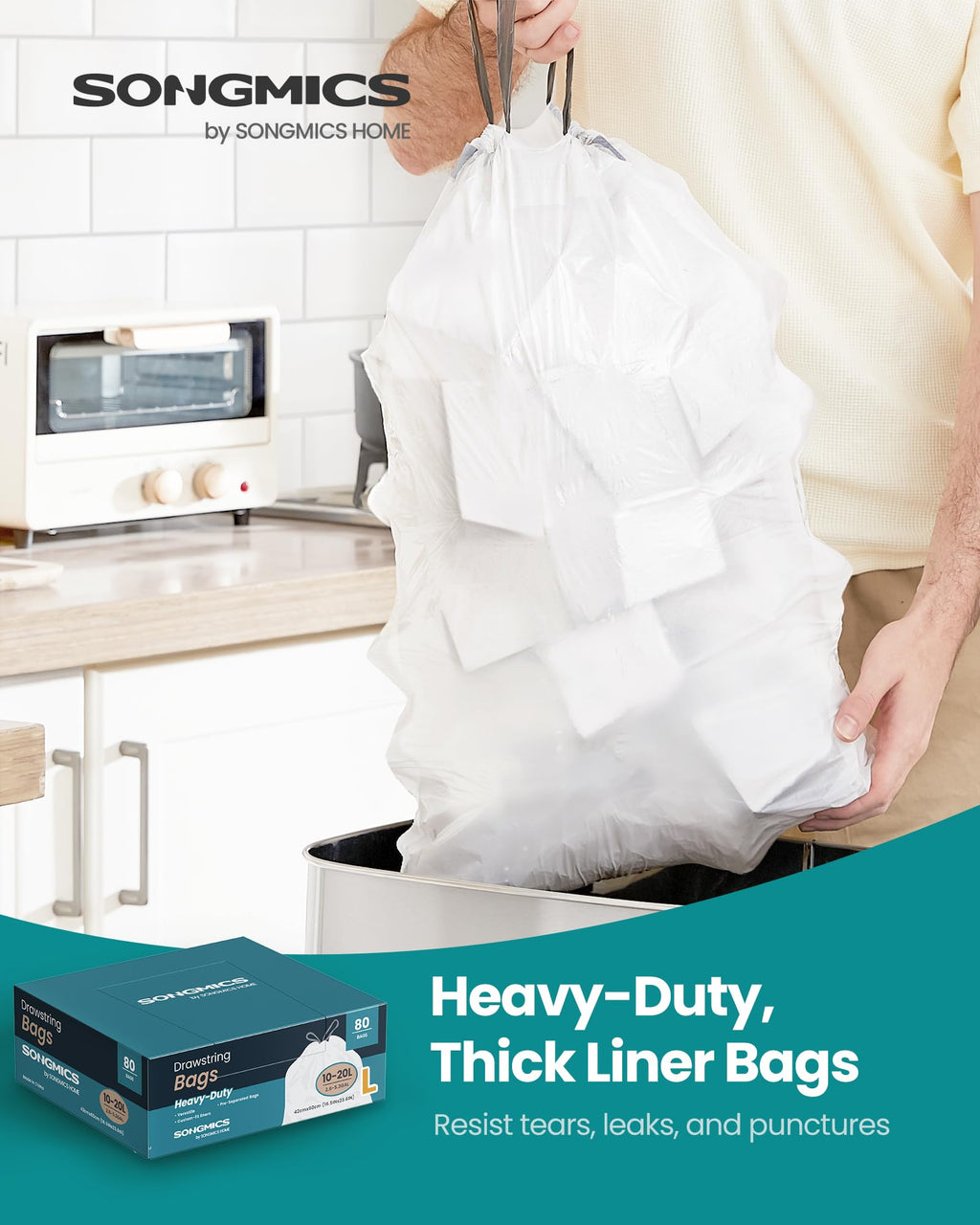 SONGMICS Trash Bags for 8-Gallon (30 L) Trash Cans, Drawstring Kitchen Garbage Bags, Pre-Separated, Liner Code 30A, 2 Rolls, 90 Count, White UKRB30A02
